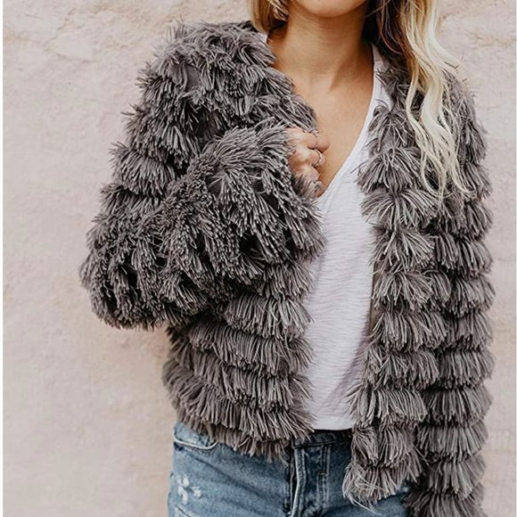 Jackets & Blazers - Faux Fur Fringe Jacket Fuzzy Grey